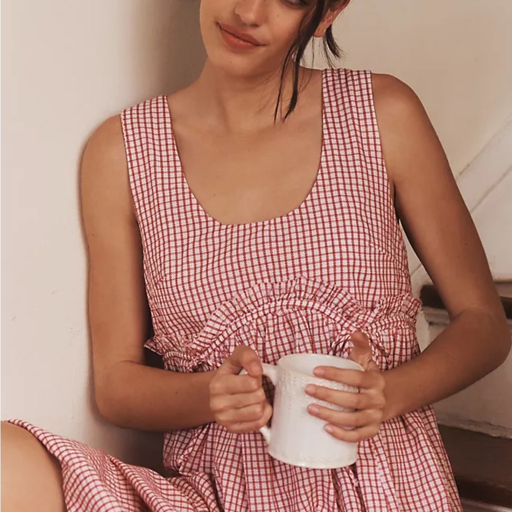 Anthropologie Red and White Gingham Midi Dress